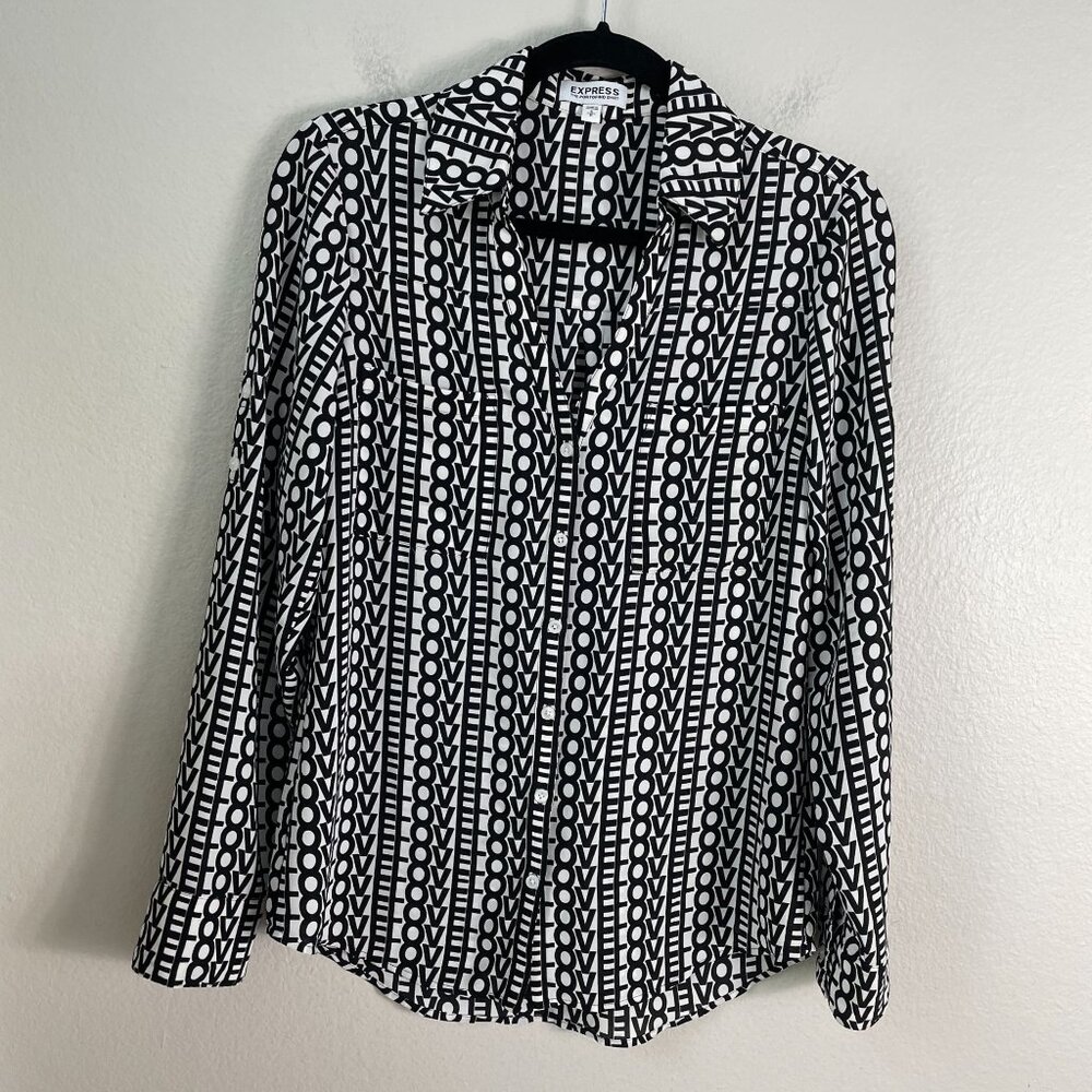 Express Portofino Shirt Womens Small Button Up‎ Blouse Black White Love Print